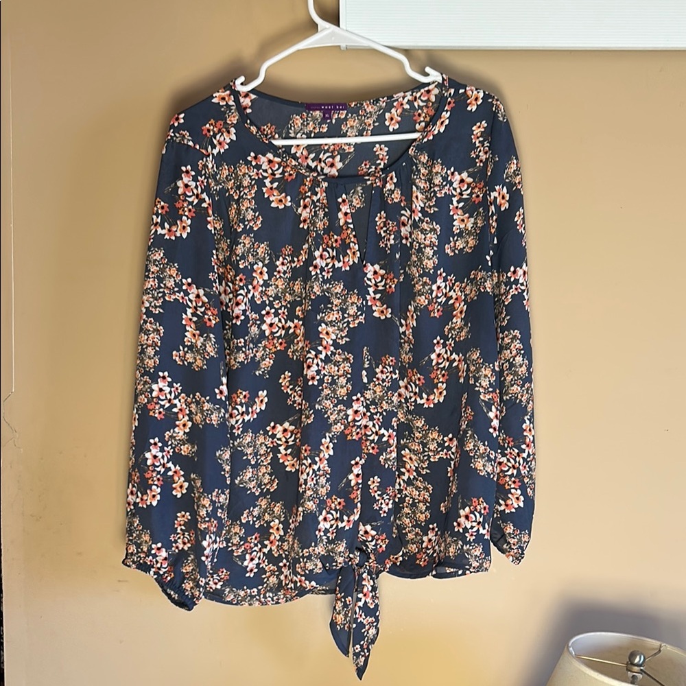 West Kei Blue 3/4 Sleeve Tie Front Blouse
